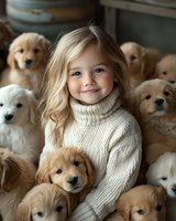 Young caucasian girl with blonde hair wearing cream turtleneck sweater surrounded by adorable golden retriever and white mixed breed puppies in warm cozy setting.