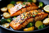 Grilled salmon fillets with herbs and spices served in cast iron skillet with roasted potatoes and broccoli, garnished with fresh herbs and lemon slices.