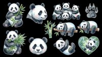 Cute panda bear clipart set with bamboo, isolated on transparent background, ready for stickers, t-shirt design, print on demand, and sublimation.