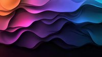 Vibrant layered waves in gradient colors from orange to pink, purple and blue create dynamic abstract background with depth effect and smooth curved lines.