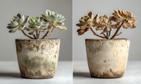 Succulent plants in rustic ceramic pots, showing green and copper-toned varieties side by side against neutral background.