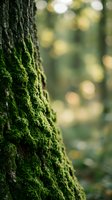 Close-up of vibrant green moss growing on tree bark in forest with soft bokeh background for nature and environmental concepts.