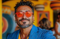 Mature Hispanic man with salt and pepper beard wearing bright orange sunglasses and blue blazer smiling confidently against colorful blurred background.