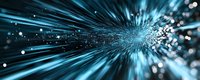 Abstract blue digital tunnel with glowing particles and light streaks creating dynamic motion effect for technology backgrounds and futuristic designs.