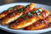 Crispy breaded chicken cutlets topped with marinara sauce and fresh basil served on white plate, close up view of Italian style main dish preparation.