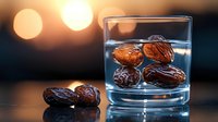 Fresh dates soaking in clear water glass with bokeh lights in background, dark moody food photography highlighting natural texture and reflection.