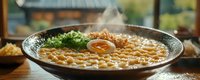 Steaming hot ramen noodles in black bowl with soft-boiled egg, green onions and broth, traditional Japanese comfort food meal on wooden table.
