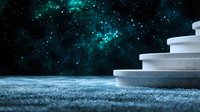 Mystical stone steps leading into starry turquoise night sky with glowing nebula clouds, creating dramatic atmospheric scene for fantasy and spiritual designs.
