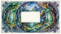 Ornate fantasy frame with mystical forest landscape, castle and magical creatures in Art Nouveau style for fairy tale designs and storytelling projects.