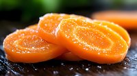 Fresh orange persimmon slices with water droplets on dark wooden surface. Healthy organic fruit for cooking, baking and nutrition concepts.