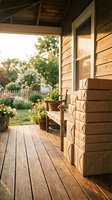 Rustic wooden porch with brick wall, comfortable chair, potted flowers, and garden view. Warm sunlight creates inviting outdoor living space for home decor and lifestyle content.