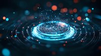 Glowing blue circular portal with rippling waves and floating particles against dark background creates futuristic sci-fi atmosphere with bokeh light effects.