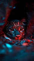 Close-up portrait of leopard face with glowing red eyes and spotted fur pattern in dramatic neon lighting combining deep turquoise blue and vibrant red colors.