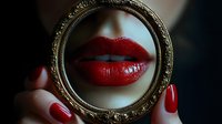 Woman with red lipstick and manicured nails looking in ornate vintage mirror for beauty and self-care concepts.