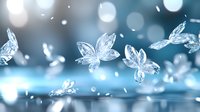 Magical glowing crystal butterflies floating in blue ethereal atmosphere with sparkling bokeh lights and reflective surface, creating dreamy artistic composition.