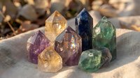 Collection of colorful healing crystals and gemstones arranged on natural fabric with warm sunlight creating peaceful meditation atmosphere for wellness practices.