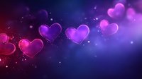 Glowing pink and purple hearts floating in dark space with sparkles and bokeh effects create romantic atmosphere for Valentine's Day designs and love themes.