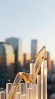 Golden arrow pointing upward over rising bar chart with blurred city skyline background representing business growth and financial success.