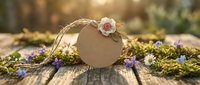Rustic kraft paper gift tag with pink flower decoration surrounded by wildflower garland on wooden surface with warm sunlight creating romantic atmosphere.