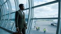 Young African American businessman standing at airport terminal window with briefcase, watching planes on tarmac, corporate travel concept.