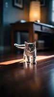 Tabby kitten walking across wooden floor in sunlit home interior with warm lamp light and furniture in background.