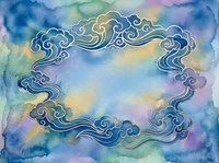 Watercolor frame with ornate Asian clouds in blue and purple tones, forming a decorative border on a soft colorful background.
