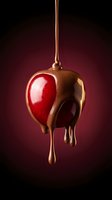 Red apple covered in melted chocolate dripping down against dark burgundy background. Sweet dessert concept for confectionery and gourmet treats.