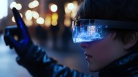 Young Asian man wearing futuristic augmented reality glasses with digital city reflection, pointing forward against blurred night lights and bokeh background.