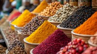 Vibrant aromatic spices and seasonings in wooden bowls at traditional eastern market, colorful turmeric, paprika, peppercorns and dried berries on display for sale.
