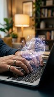 Businessman hands typing on laptop with glowing cloud computing hologram in cozy home office. Digital transformation and remote work technology concept.