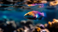 Vibrant tropical fish with orange and blue coloring swims in dark aquarium water, illuminated by dramatic lighting creating mysterious underwater atmosphere.