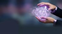Hands holding glowing purple gears and cogs, representing technology, innovation, and digital transformation in business and engineering applications.