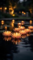 Floating lotus flowers with warm glowing lights on dark water surface creating peaceful evening atmosphere for meditation and wellness concepts.