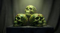 Three golden skulls with ornate detailing arranged on dark surface, symbolizing mortality, danger, and mysticism for gothic, Halloween, and occult-themed designs.