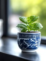 Fresh mint plant growing in traditional blue and white ceramic pot with oriental pattern, placed on windowsill with soft natural lighting.