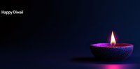Glowing diya lamp with vibrant purple light against dark background, traditional oil lamp illuminated during Diwali festival celebration.
