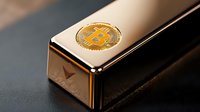 Golden cryptocurrency symbol on luxury metal bar against dark background, representing digital wealth and financial investment concept for business presentations.