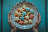 Hands holding vintage plate with colorful star-shaped cookies on turquoise wooden background for holiday baking and festive treats.