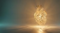 Golden anatomical heart with glowing light rays on gradient background for medical healthcare cardiology concepts and wellness designs.
