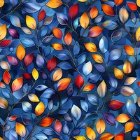 Vibrant autumn leaves pattern in blue, orange and red hues creates seamless nature-inspired design for fabric, wallpaper and surface decoration projects.