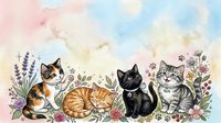 Adorable kittens sitting among blooming flowers and lavender in soft watercolor style. Cute feline friends surrounded by floral garden elements on pastel background.