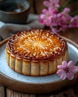 Golden glazed mooncake with intricate pattern on ceramic plate decorated with pink cherry blossoms for traditional Asian festival celebration and cultural cuisine.