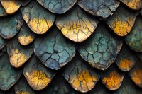 Overlapping fish scales or roof shingles with metallic gold and teal patina create an abstract textured pattern. Use for backgrounds, design elements, or decorative projects.