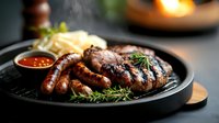 Grilled meat assortment with sausages and steak on black cast iron pan, served with fresh rosemary, sauce and garnish. Restaurant quality food photography.