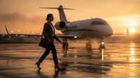 Professional businessman walking on airport tarmac at sunset with private jet in background. Corporate travel and luxury aviation concept for business presentations.