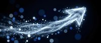 Upward arrow made of glowing particles and light trails on dark blue background, representing growth, success, and financial progress for business presentations.