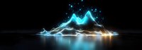 Glowing neon mountain range reflection on dark water surface with sparkles and light effects creating futuristic panoramic landscape.