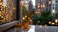 Autumn maple leaf on rainy window sill with water drops and city bokeh lights in background creating cozy atmospheric mood for seasonal designs.