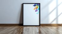 Minimalist black frame with colorful watercolor corner detail on white wall against wooden floor with natural window light and shadow overlay.