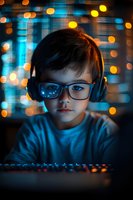 Young boy in glasses and headphones at computer with blue neon lighting and bokeh effects in background, creating atmospheric cybersecurity or gaming concept.